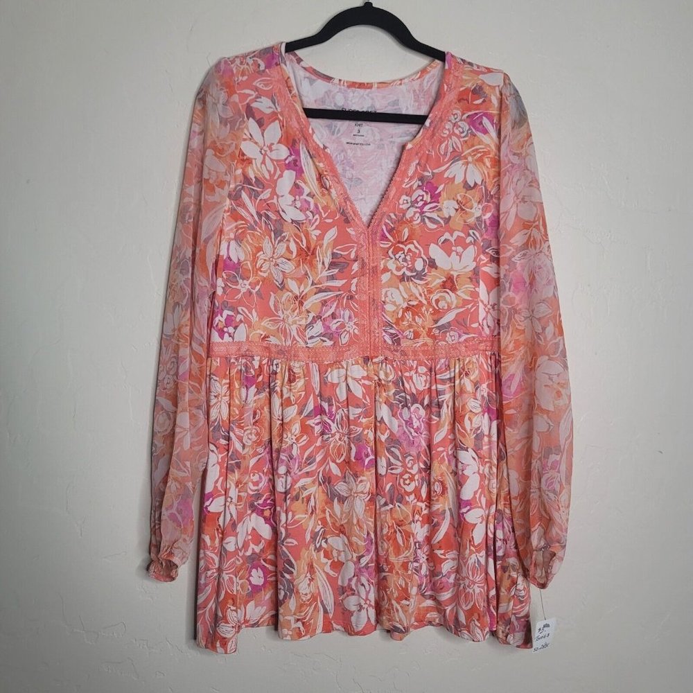 Super Soft by Torrid Knit Top Women's Plus Size 3 Orange Floral Sheer Tunic